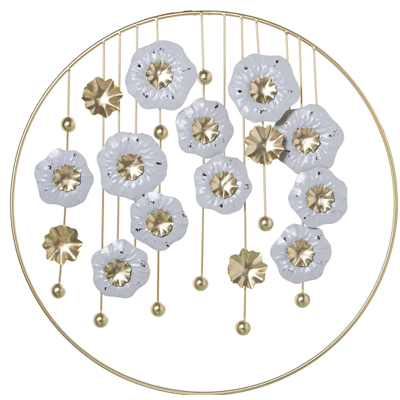 Adorno Painted Metal Flowers Blancas C/ARO Dorado 62 x 3.5 x 62 cm, Hierro