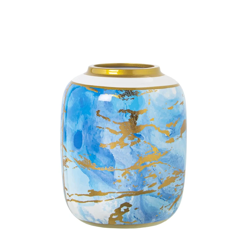 JARRÓN CERÁMICA BLANCO/AZUL/DORADO °17X21CM