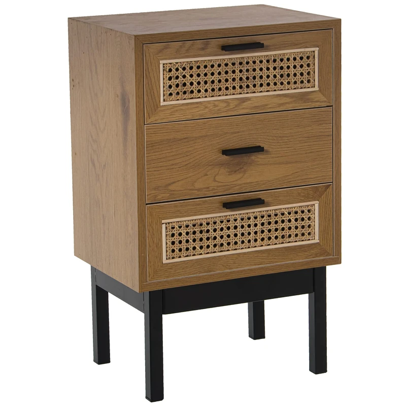 AlexandreHouse MESA DE NOCHE MADERA/MIMBRE C/3 CAJONES+PATAS METAL 40X30X65CM, DM+FRESN MELAMINE