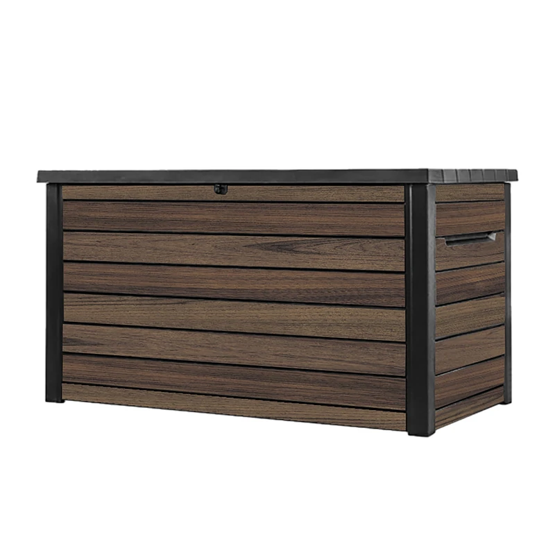Keter Signature Ontario 870L Outdoor Storage Box – Rosewood | Weather‑Resistant Wood‑Look Storage Box with Lockable Lid, Extra Seating for 2, UV‑Protected Garden Storage