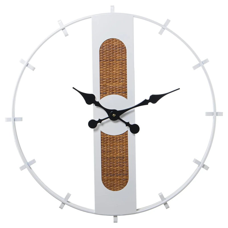RELOJ PARED Metal Blanco C/Base MIMBRE/Madera_° 64X4.5 cm, Battery: 1XAA Not Included