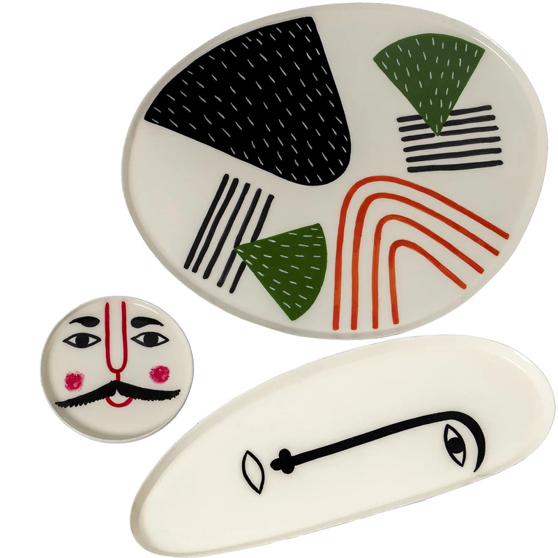 AlexandreHouse Set of 3 ESMALTADAS ROSTROS_33X27X1+26X10X1+°10X1CM