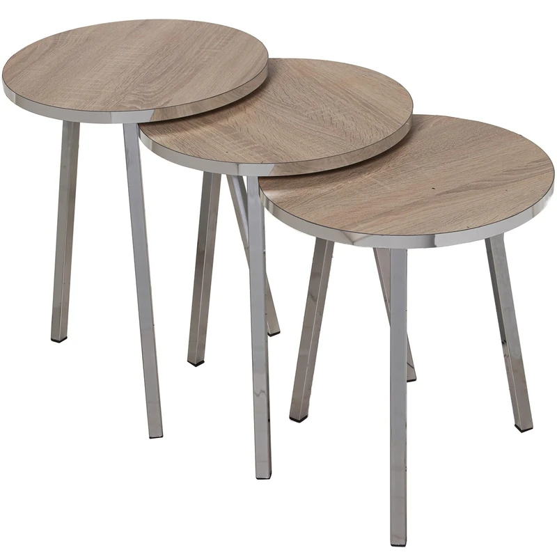 AlexandreHouse Set of 3 Mesas Aux. Madera Patasmetal Chromado, Madera Natural_°38X51+38X48+°38X45cm - Image 1