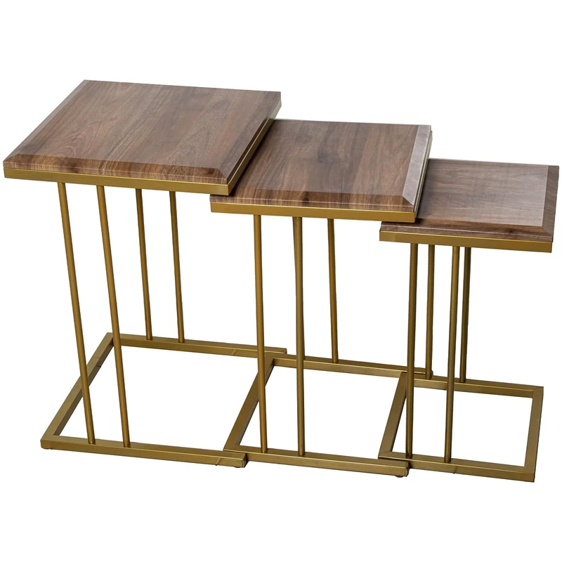 AlexandreHouse Set of 3 Mesas Aux. Madera CL.ROBLE PATAS DORADAS, REQ. MONTAJE_40X40X60+35X35X55+29X29X50CM