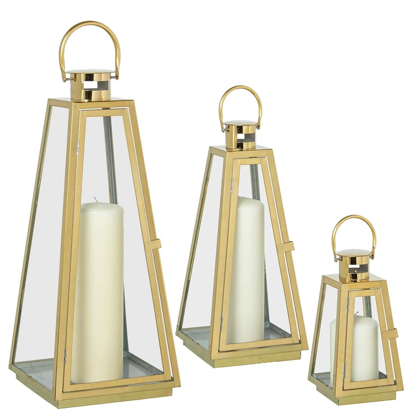 Set of 3 Faroles Metallic Chromium Dorado_12X12X25+17X17X39+18X18X53CM