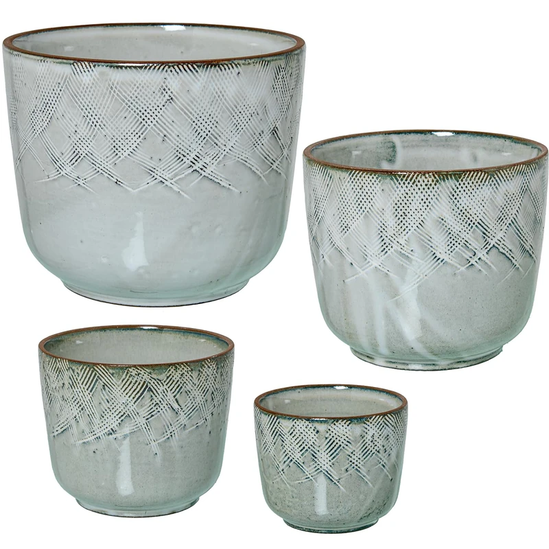 Set of 4 Maceteros Ceramica Blanco Lacado Deco Rayado_°22X18+°18X12+°14X12+°11X9CM