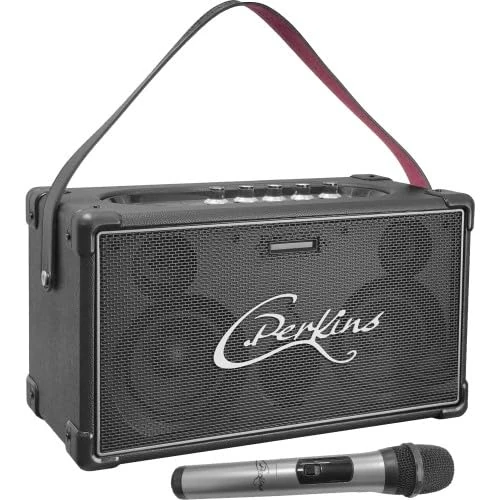 C.Perkins - NASHVILLE-SOUND - Portable Bluetooth Speaker on Rechargeable Battery - 1 UHF Mic - Bluetooth, USB, MicroSD, AUX, Mic and Guitar Input - Wooden Cabinet - Imitation Leather