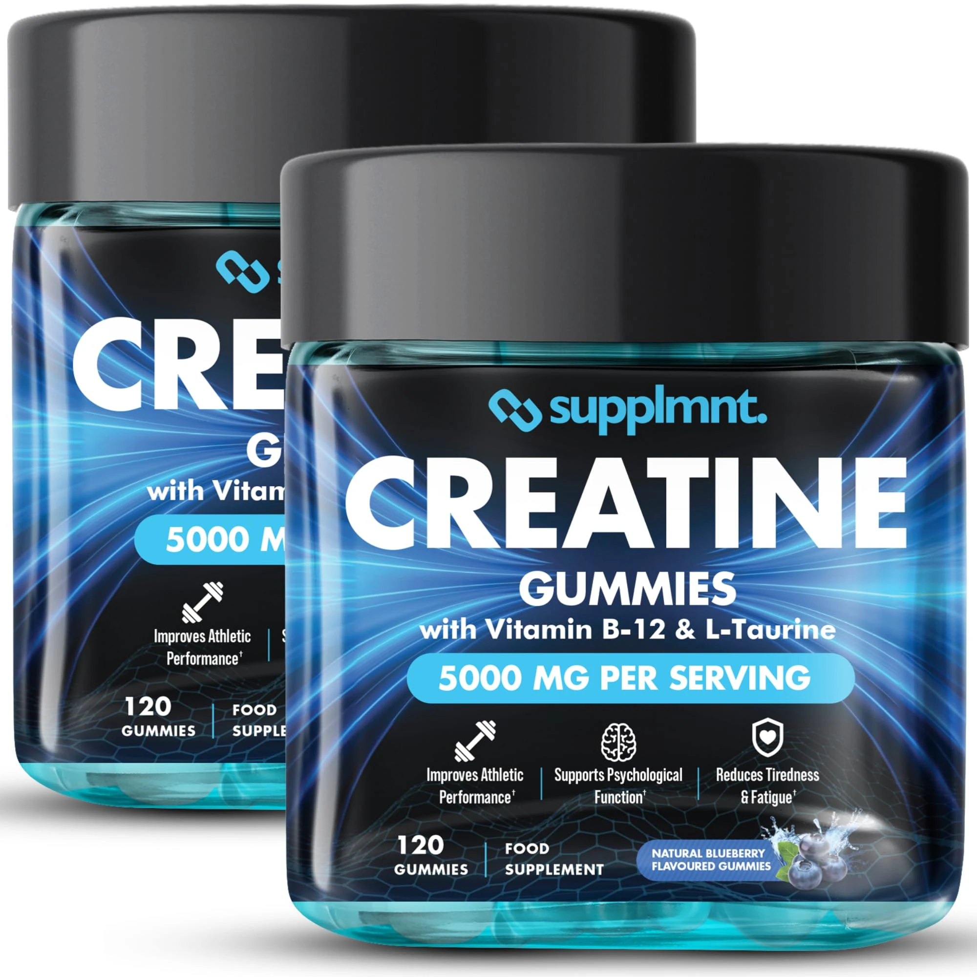 Supplmnt. Creatine Gummies 5000mg Lab-Tested 120ct Max Strength Muscle Growth/Recovery Supplements for Men & Women Creatine Monohydrate Plus B12 and L-Taurine Chewable Gummies, 2 x Blueberry Flavour