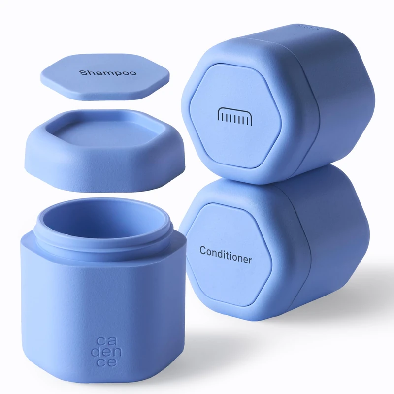 Cadence Travel Containers Haircare Capsule Set - Magnetic Containers with Lids,Carry On Travel Essentials For Women/Men - 3 Flex Mediums (1.32oz) - Shampoo, Conditioner & Comb Icon Labels - Pacific