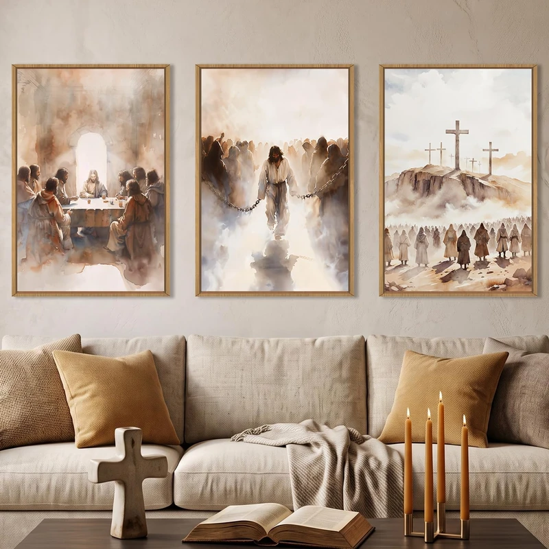 LHIUEM Large Jesus Neutral Framed Canvas Wall Art Set,Christ Church Wall Decor,Christian Bible Story Religious Jesus Last Supper Artwork for Living Room,Bedroom,Churches,Prayer Room Decor- 16''x24''x3