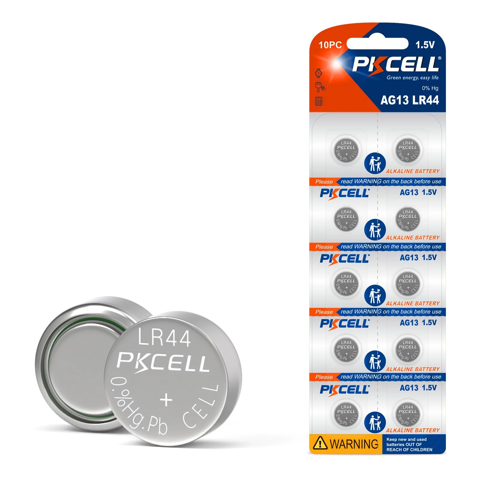 PKCELL LR44 AG13 Alkaline Button Batteries 1.5 V 158 mAh for Toys, Musical Books, Thermometers, Night Light (10 Count)