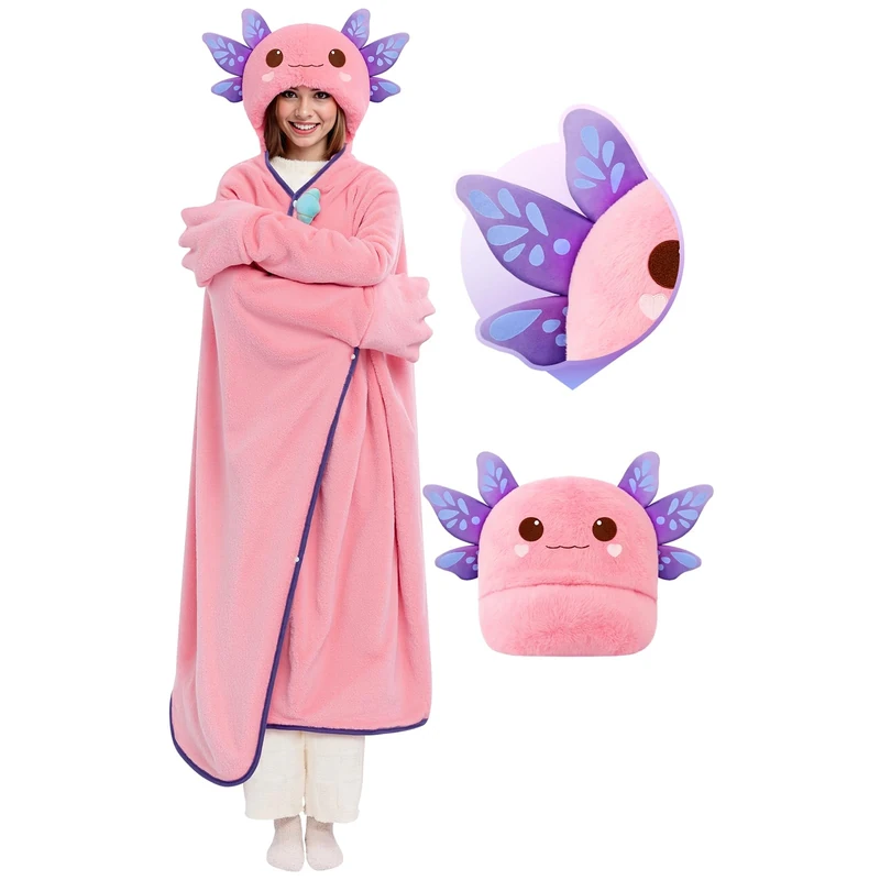 Mewaii Oversized Wearable Blanket Hoodie– Kawaii Axolotl Hooded Cloak,Soft Plush Flannel Blanket Hoodie,Unisex Cozy Blanket for Kids Women Men,Great Gift for Christmas&Birthdays (51.2"x62.2")