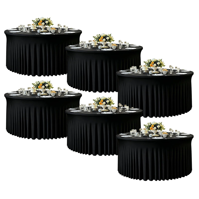 6 Pack Round Tablecloth, Black Cloth Tablecloth for 6ft Tables, Heavy Duty Fitted Picnic Table Cloths Spandex Table Cover with Skirt for Buffet Table, Holiday Party, Dinner, Wedding & Baby Shower