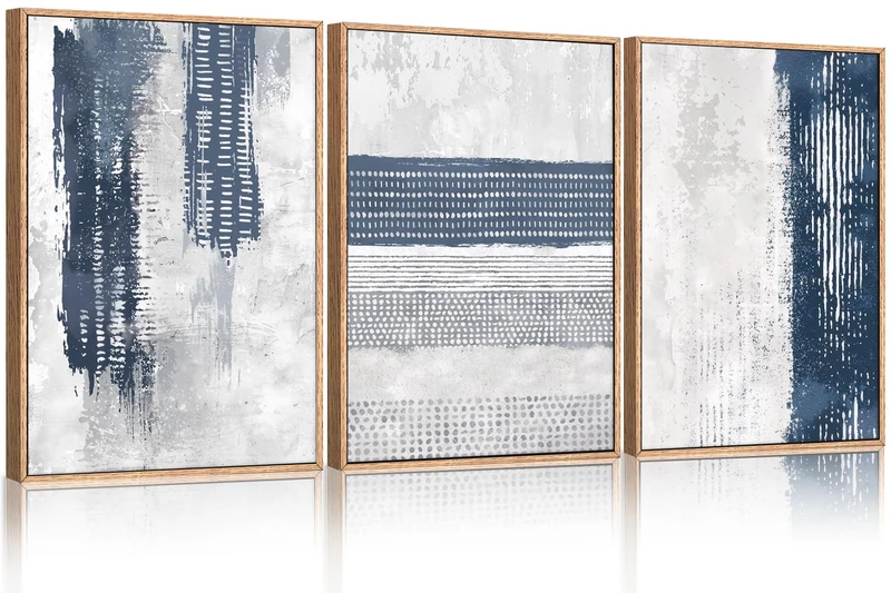 HLNIUC Navy Blue Abstract Framed Wall Art Set, Neutral Minimalist Canvas Wall Decor, Mid Century Modern Wall Painting, Grey Geometric Art Print for Living Room, Bedroom, Office - 16"x24"x3