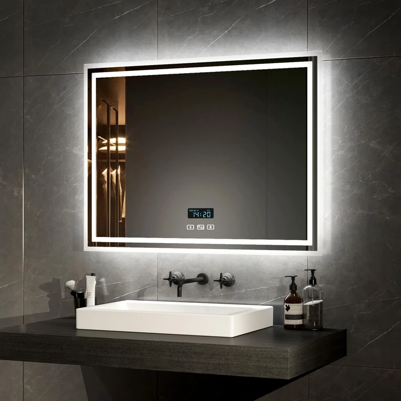 EMKE Bathroom Mirror with LED Lights 800 * 600MM, LED Bathroom Mirror with Demister Pad, Smart Vanity Mirror with Clock and Bluetooth, Wall Mounted Mirror with Shaver Socket, 3 Colors Dimmable
