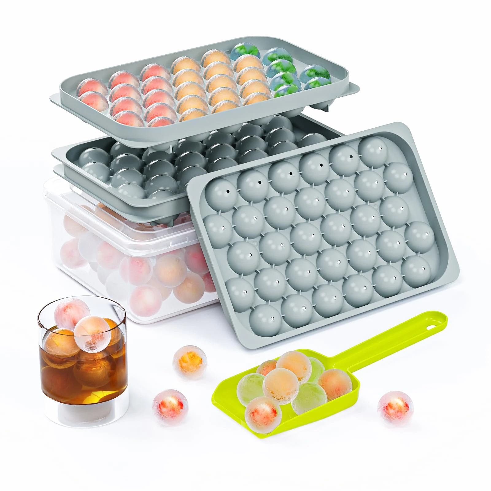 Ball Ice Cube Tray with Lid and Ice Bin Storage Container, Fast and Easy Release All Small Ice Balls, 2X 32pcs 2cm Round Ice Cubes for Tea Coffee, Plastic Ice Ball Maker (2Ice Tray & Bin & Ice Tong)
