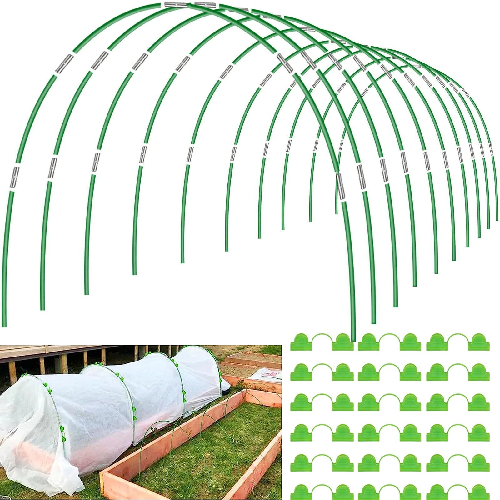 60pcs Greenhouse Hoops for Raised Beds 40pcs Clips, 2.4M Garden Hoops Stakes Grow Tunnel for Row Cover Netting, Adjustable Fiberglass Rust-Free Garden Bed Plant Hoops Support DIY Frame for Outdoor