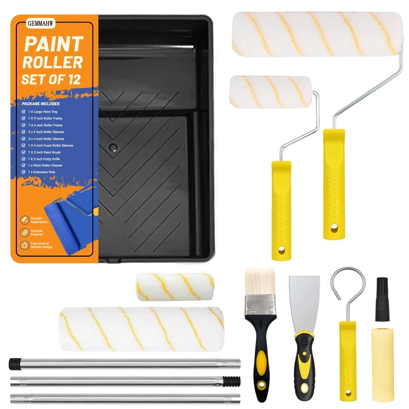 Paint Roller Set 12 Pieces, Professional Paint Rollers and Trays Sets, 9 inch Painting Roller Set with Extension Pole, Paint Brush, 5 Roller Sleeves - Roller Sets for Painting Walls, Edges & Ceilings