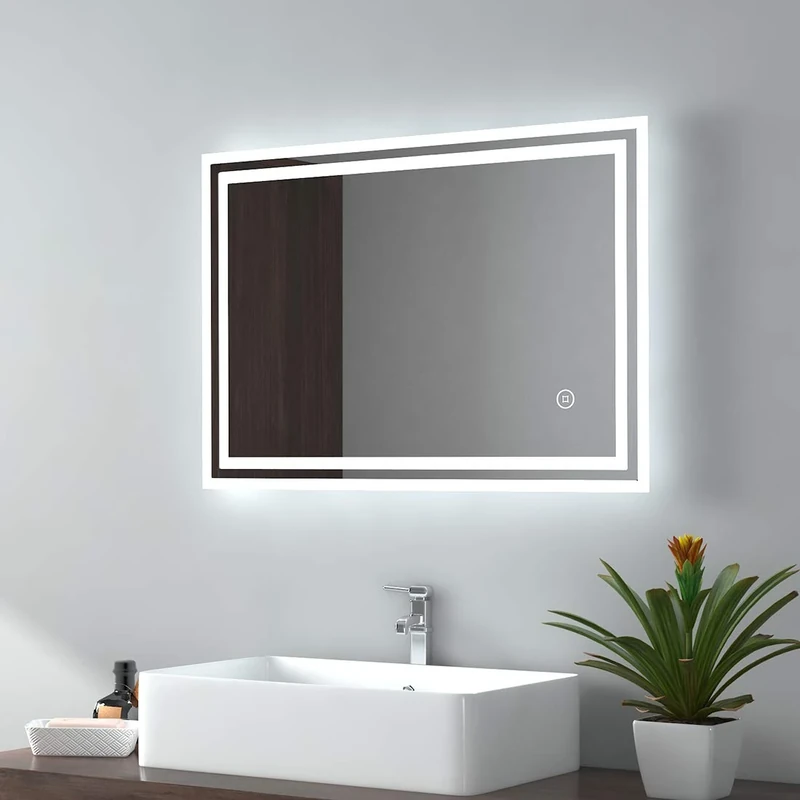 EMKE Bathroom Mirror with LED Lights 500 * 700MM, LED Bathroom Mirror with Demister Pad, Smart Mirror with Touch Switch, Illuminated Vanity Mirror with auto-off Function, Wall Mounted Mirror, IP44