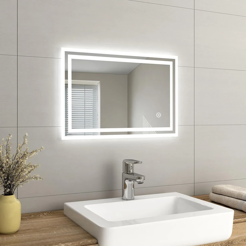 EMKE Bathroom Mirror with LED Lights 400 * 600MM, LED Bathroom Mirror with Demister Pad, Smart Mirror with Touch Switch, Illuminated Vanity Mirror with auto-off Function, Wall Mounted Mirror, IP44
