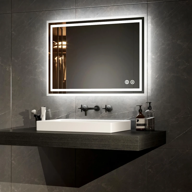 EMKE Bathroom Mirror with LED Lights 700*500MM, LED Bathroom Mirror with Demister Pad, Smart Vanity Mirror with Bluetooth, Wall Mounted Mirror with Shaver Socket, Anti-Fog Mirror, Music Mirror, IP44