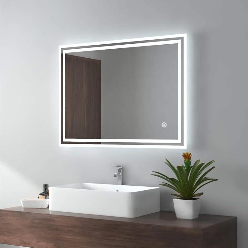 EMKE Bathroom Mirror with LED Lights 800 * 600MM, LED Bathroom Mirror with Demister Pad, Smart Mirror with Touch Switch, Illuminated Vanity Mirror with auto-off Function, Wall Mounted Mirror, IP44