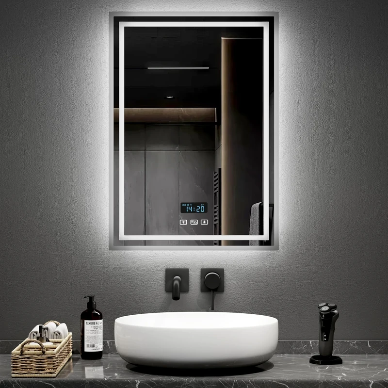 EMKE Bathroom Mirror with LED Lights 500 * 700MM, LED Bathroom Mirror with Demister Pad, Smart Vanity Mirror with Clock and Bluetooth, Wall Mounted Mirror with Shaver Socket, 3 Colors Dimmable