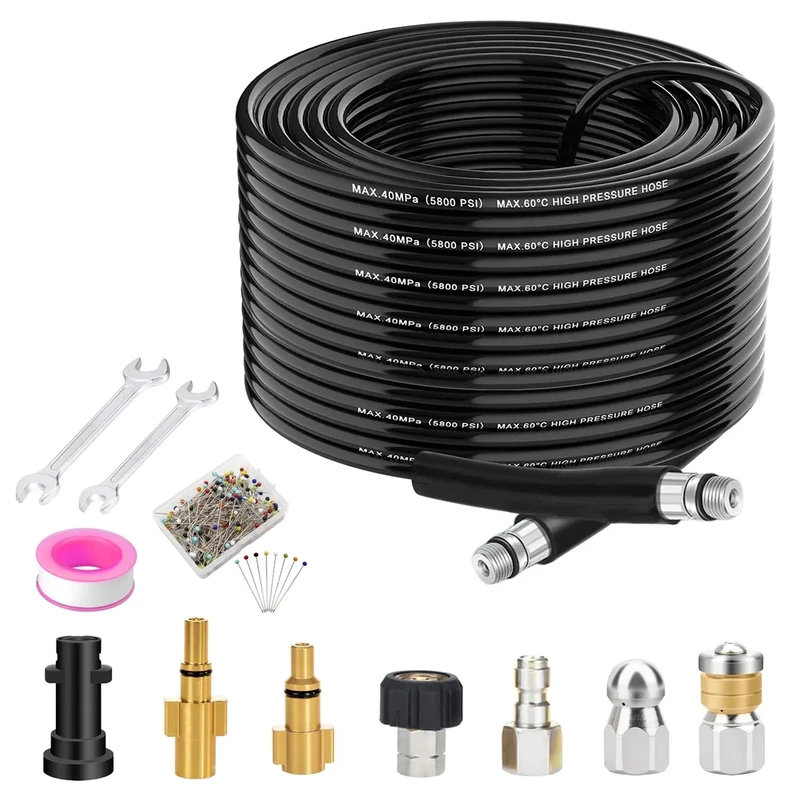 15M Pressure Washer Hose - Compatible with Karcher, Bosch and Lavor Pressure Washer, 400 Bar/5800 PSI Drain Hose Cleaning Kit Sewer Jetter Kit Includes 5 adapters, 2 nozzles
