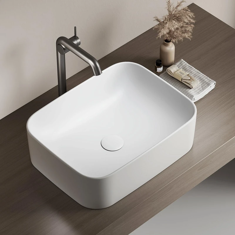 EMKE Rectangular Countertop Washbasin 50.5 × 38 × 15 cm for Guest Toilet, Ceramic Countertop Basin for Washbasin, Matte White