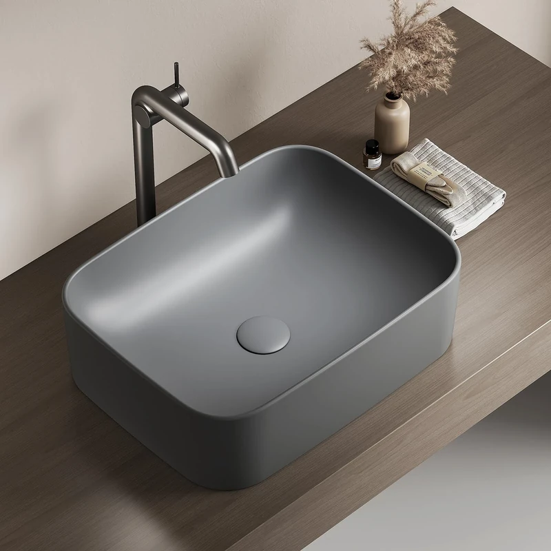 EMKE Rectangular Countertop Washbasin 50.5 × 38 × 15 cm, Guest Washbasin, Ceramic Countertop Basin for Washbasin, Bathroom Sink, Matte Dark Grey