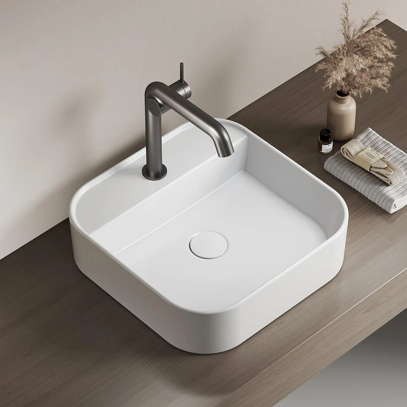 EMKE Rectangular Countertop Washbasin - Bathroom Sink and Guest Toilet - 40 × 40 × 11 cm, Ceramic Washbasin, White