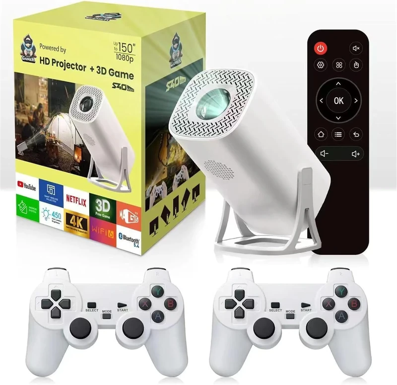 P30 MAX Projector With 2 gamepads Android 11 Wifi6 BT Home Theater Office Outdoor Smart Portable 4K HD Projector（35000+Games）
