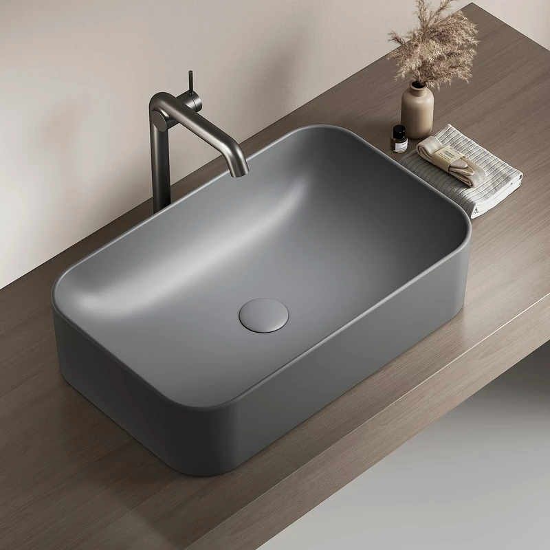 EMKE Rectangular Countertop Washbasin 61 × 38 × 15 cm, Guest Washbasin, Ceramic, Matte Dark Grey