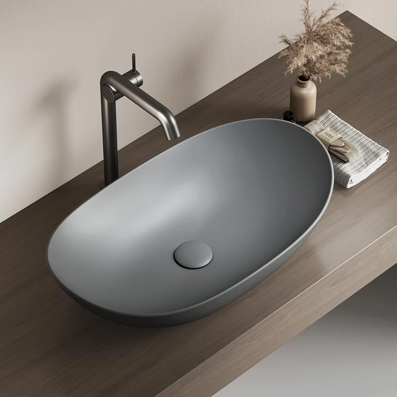 EMKE Oval Countertop Washbasin 61.5 × 36 × 15.5 cm, Ceramic, Matt Grey