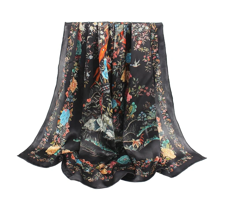 ANDANTINO 100% Silk Scarf 43" Large Square Lightweight Headscarf& Shawl–Women Hair Wraps-With Gift Packed, Floral-black, Large