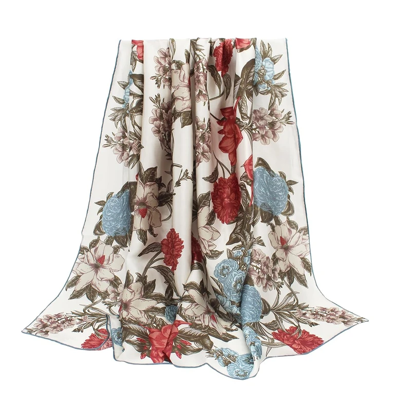 ANDANTINO 100% Silk Scarf 43" Large Square Lightweight Headscarf& Shawl–Women Hair Wraps-With Gift Packed, Flowers-white, Large