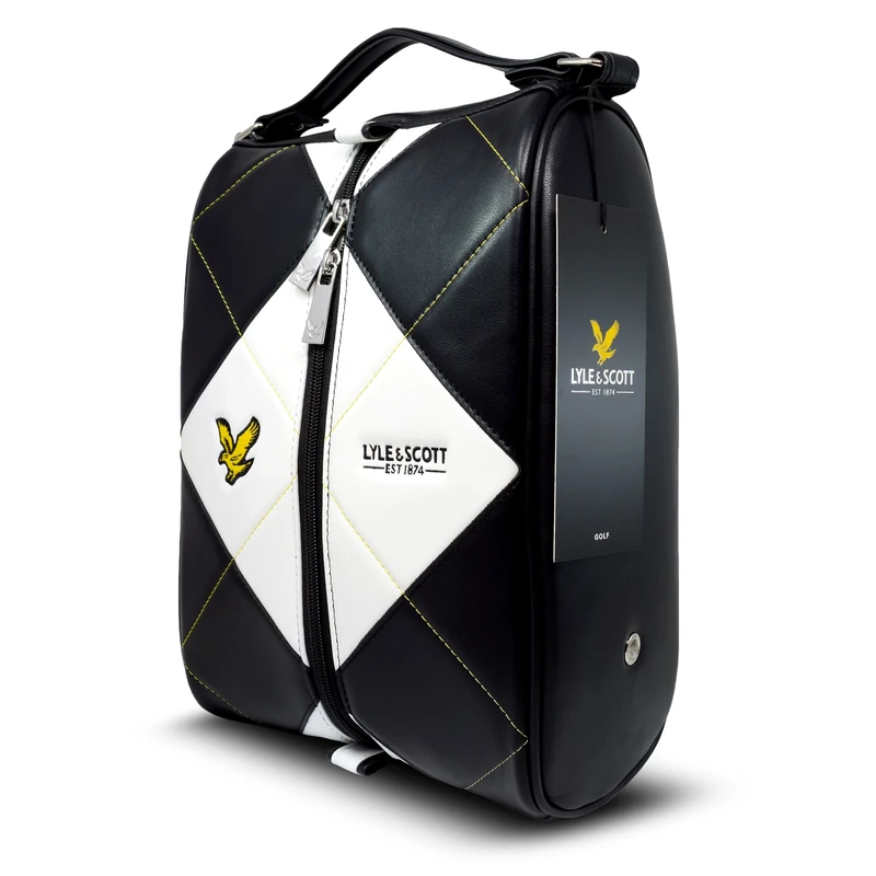 Lyle & Scott Argyle Premium Leather Shoe Bag for Golf Shoes - Stylish Golf Accessories with Side Breather Vents, Embroidered Branding, Durable Zip, Embossed Eagle Zippers, Carty Handle, 35x23x16cm