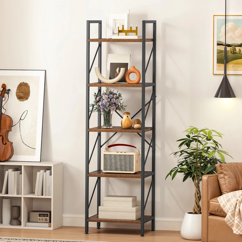 YITAHOME Bookcase, 5 Tier Industrial Shelving Unit, Wooden Shelves and Metal Frame, Display Storage Rack for Living Room, Home Office, Kitchen, Bedroom, Rustic Brown Bookshelf