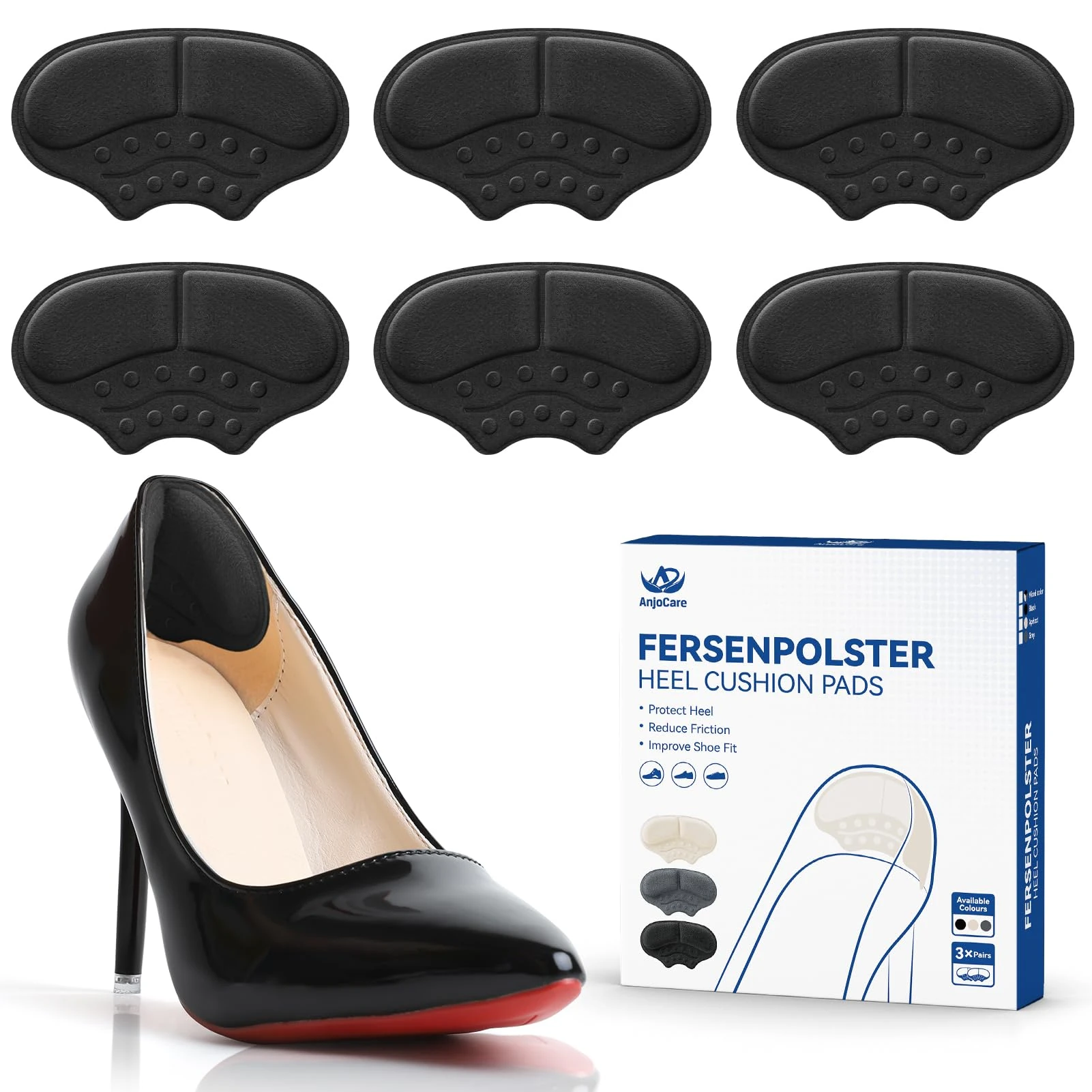 AnjoCare Heel Cushion Pads, 3 Pairs Self Adhesive Heel Grips Shoe Inserts for Loose Shoes, Anti-Slip Heel Grips Shoe Pads for Sneakers High Heels Leather Shoes Too Big