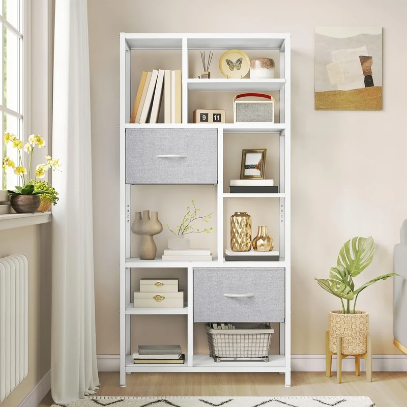 YITAHOME Bookshelf with Drawers, 7-Tier Bookcase with Steel Frame Floorstanding Book Rack, Industrial Shelving Unit Storage Rack for Living Room Office Hallway Kitchen, White Book Shelves