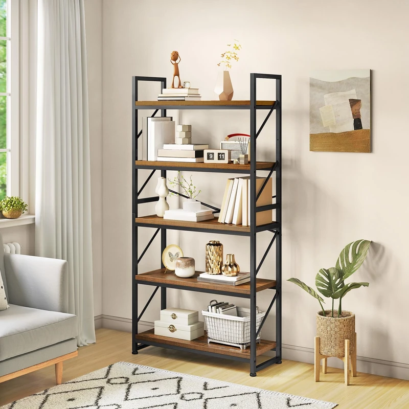YITAHOME Bookcase 5 Tiers, Large Bookshelf, Wooden Shelf and Metal Frame, Industrial Shelving Unit, Floorstanding Storage Rack, for Living Room, Home Office, Rustic Brown Book shelves