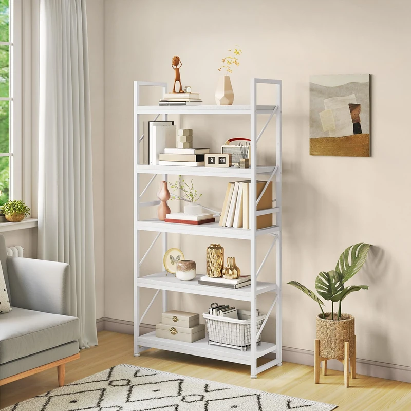 YITAHOME Bookcase 5 Tiers, Large Bookshelf, Wooden Shelf and Metal Frame, Industrial Shelving Unit, Floorstanding Storage Rack, for Living Room, Home Office, White Book shelves