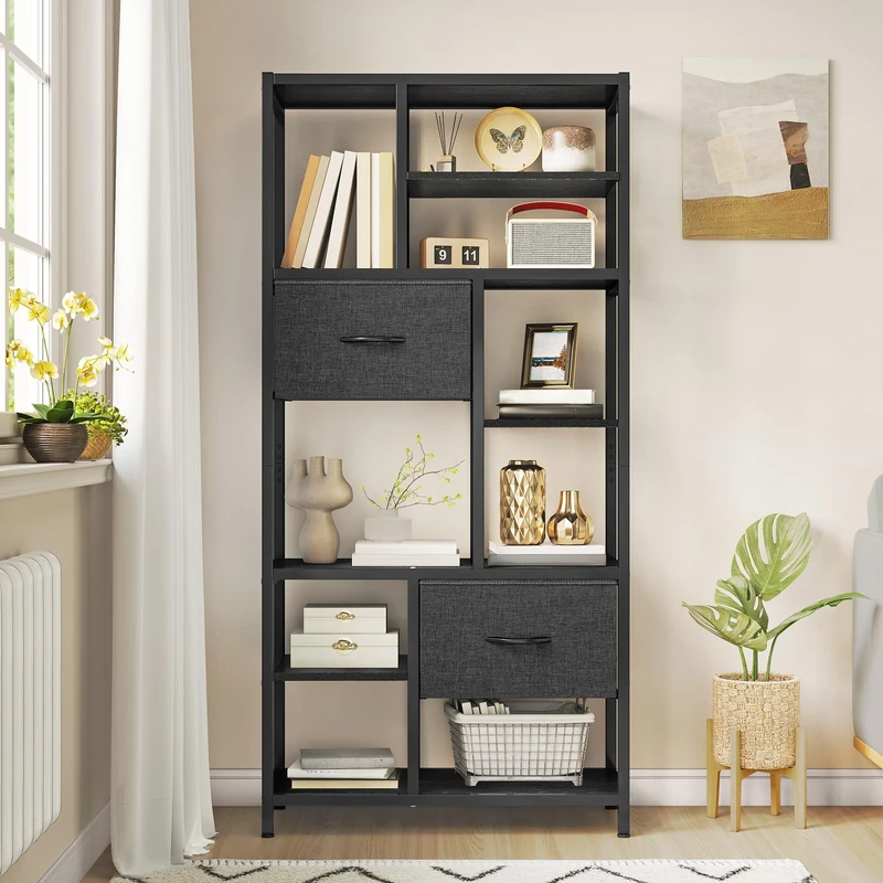 YITAHOME Bookshelf with Drawers, 7-Tier Bookcase with Steel Frame Floorstanding Book Rack, Industrial Shelving Unit Storage Rack for Living Room Office Hallway Kitchen, Black Book Shelves