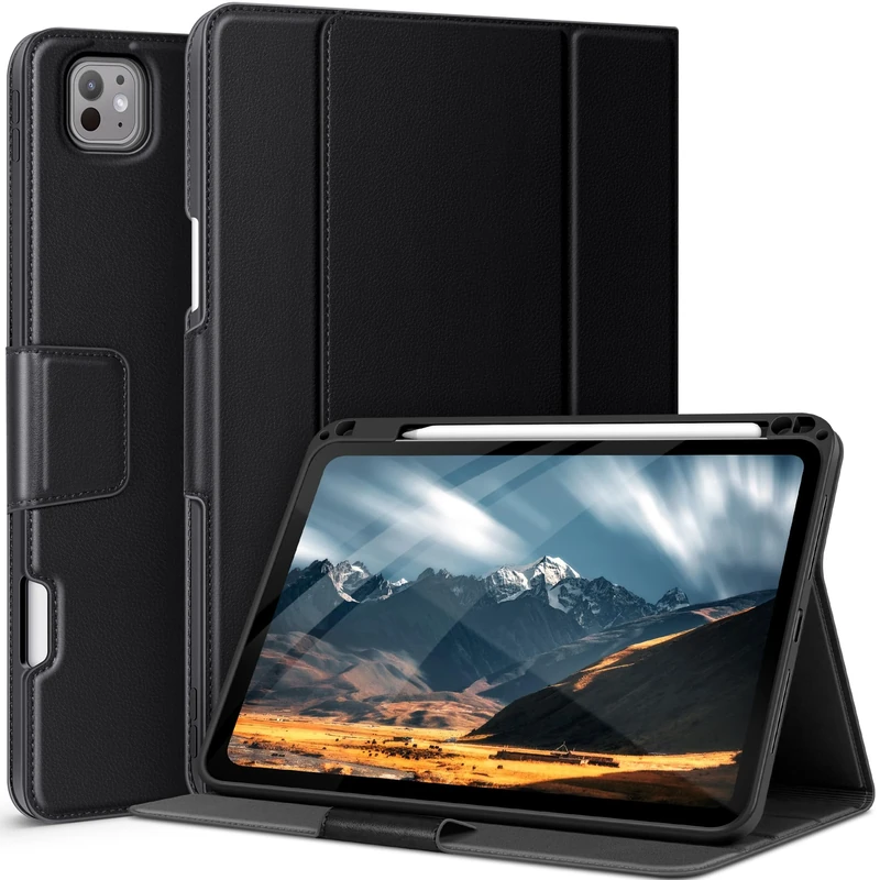 AUAUA Case for iPad Pro 11 Inch (M5/M4) 2025/2024, with Pencil Holder and Pocket, Multiple Angles Viewing, Magnetic Closure, Auto Sleep/Wake (Black)