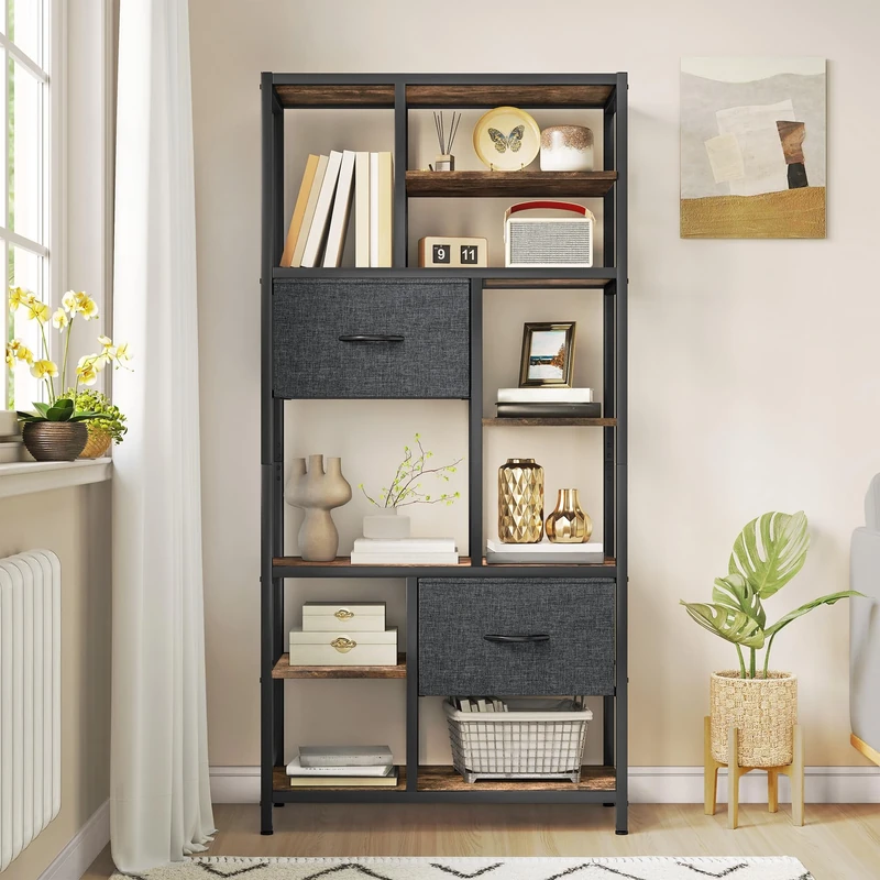 YITAHOME Bookshelf with Drawers, 7-Tier Bookcase with Steel Frame Floorstanding Book Rack, Industrial Shelving Unit Storage Rack for Living Room Office Hallway Kitchen, Rustic Brown Book Shelves