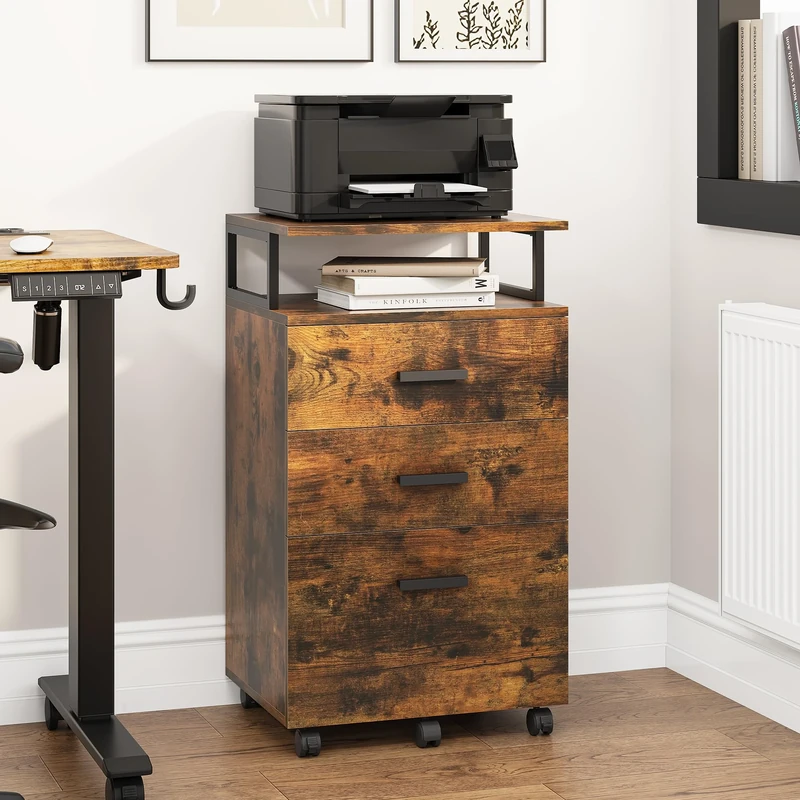 YITAHOME 3-Drawer Filing Cabinets for Home & Office, Mobile File Cabinet,Storage Cabinet with Drawers 5 Wheels Open Compartment, Metal Frame,45.7 x 36 x 76.2 cm (Rustic Brown)