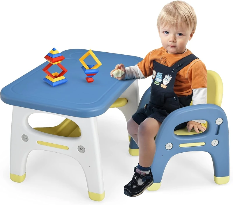 FANTASK Children's Table with Chair, Blue Children's Seating Set with Dinosaur Design, Painting Table Craft Table Children with Building Blocks & Shelf, Children's Table Chair Set for Children Over 3