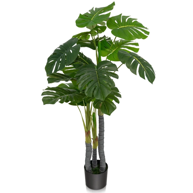 FANTASK 120 cm Artificial Plants Monstera Deliciosa, Artificial Tree Green with 20 Leaves and Plastic Pot, Artificial Plant for Home & Office & Restaurant, Interior Decoration