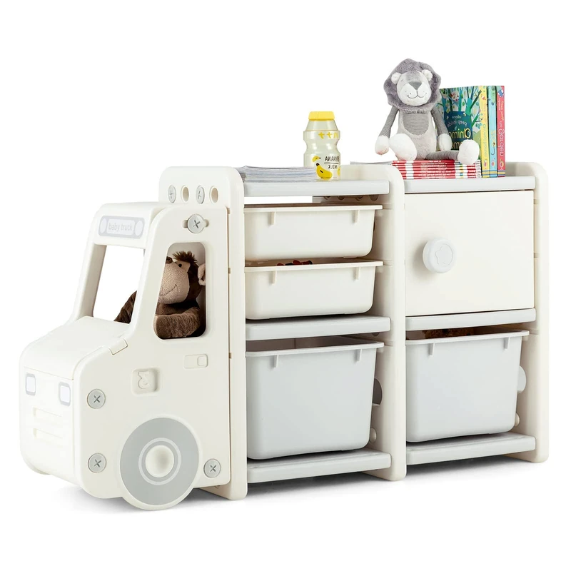 FANTASK Toy Shelf, 2 Tier Children's Shelf with Cabinet and Storage Boxes, Bookcase for Children, Nursery Shelf for Toy Storage, 110 x 32 x 66 cm (Car, Beige) - Image 1