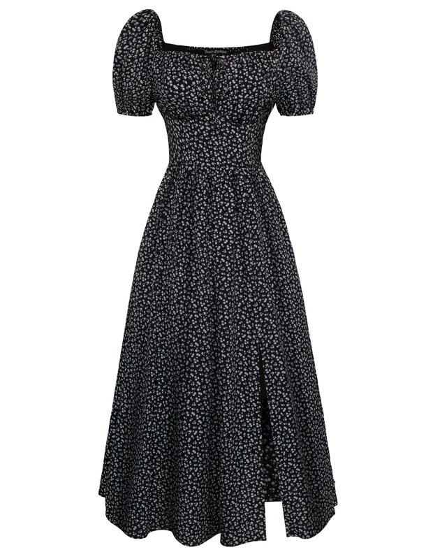 Scarlet Darkness Cottagecore Dress for Women Split Long Dress Milkmaid Corset Dresses, Black Purple Floral, XXL